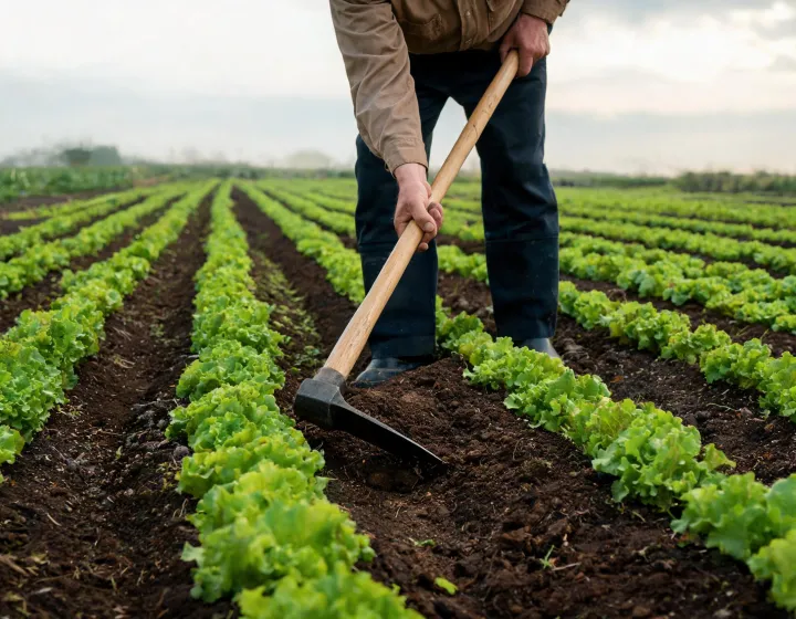Weeding hoe beside vegetable beds and a measuring rule